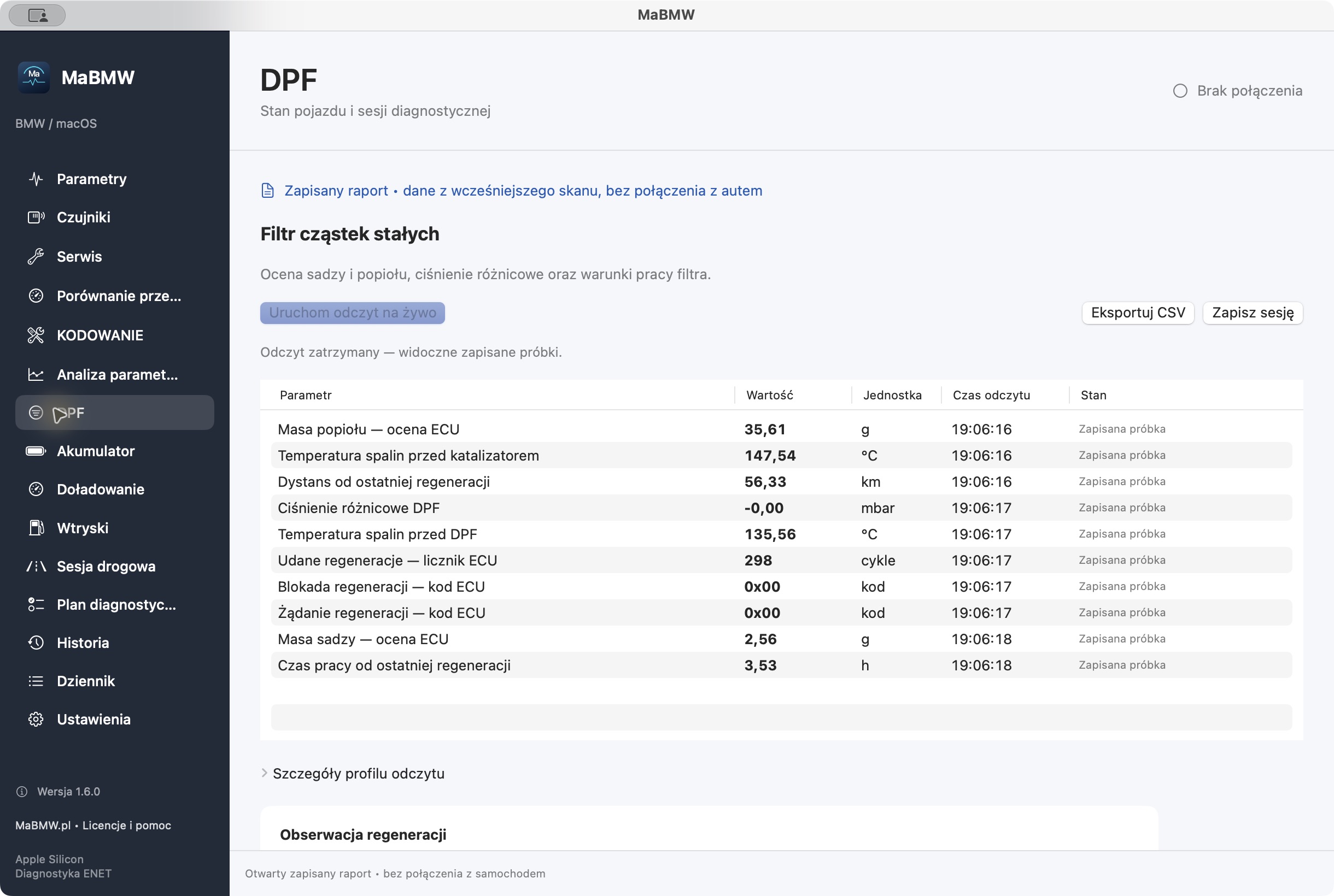 Zapisane pomiary DPF